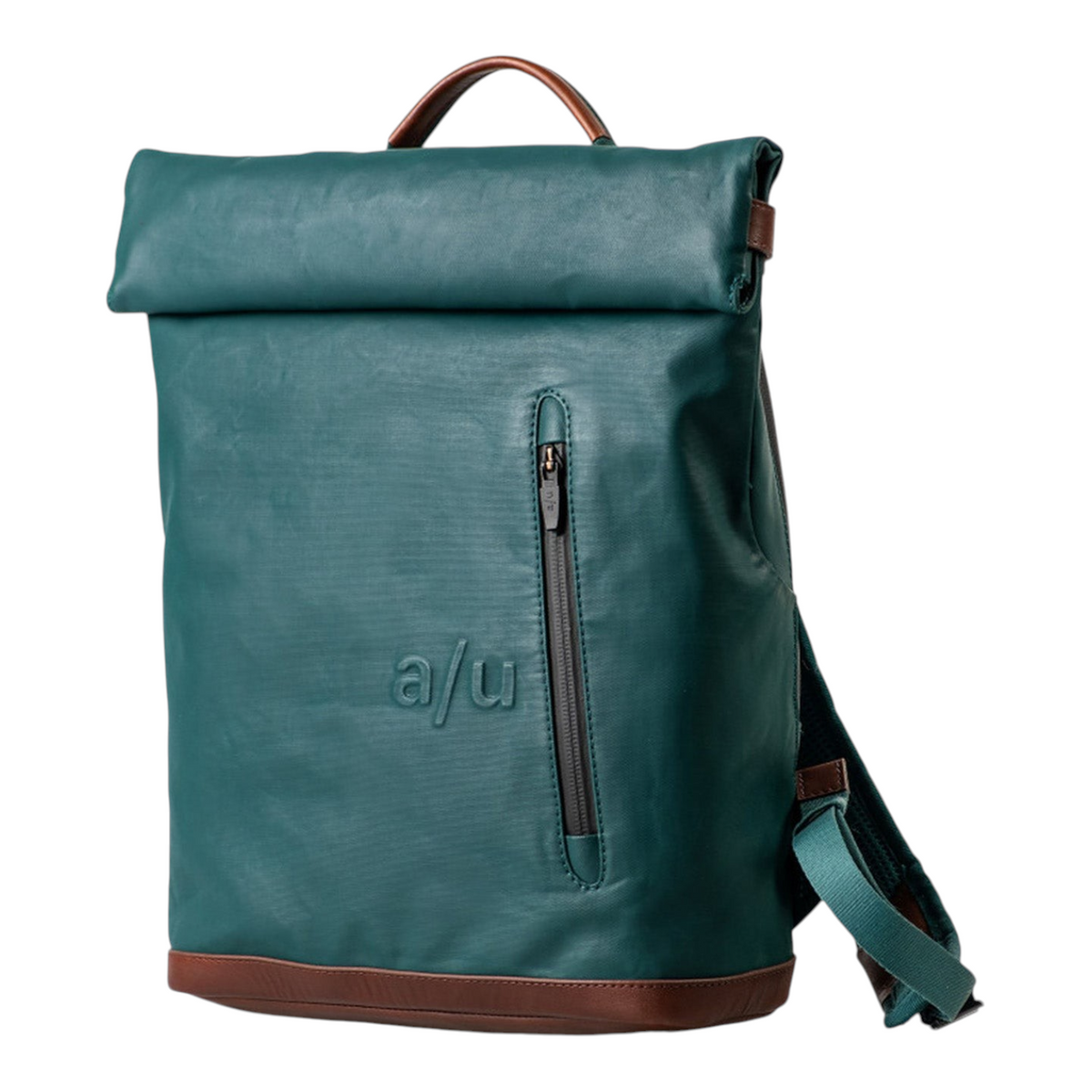 Lieblingstasche Wakayama rolltop backpack in dark green with brown leather accents and a front zip pocket