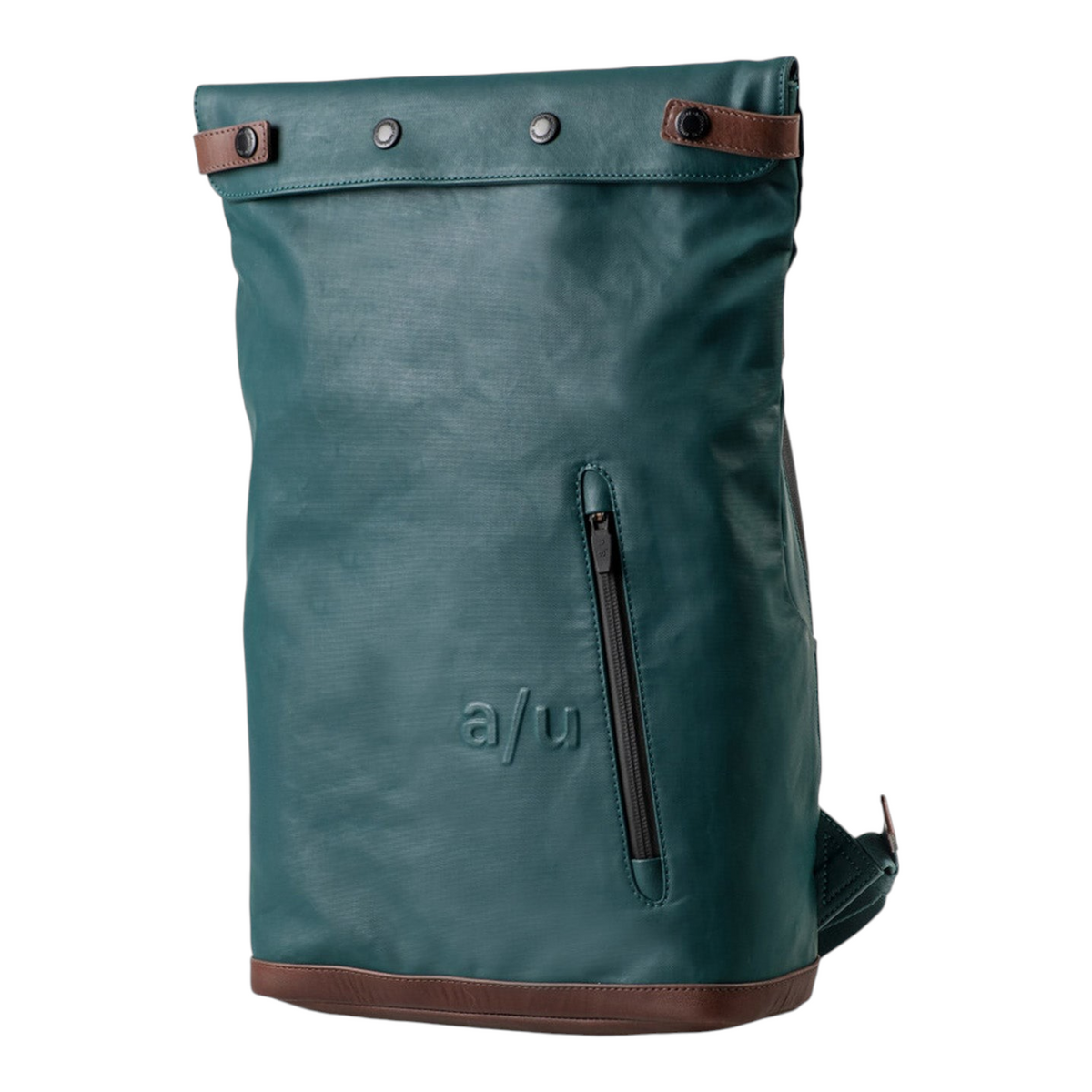 Lieblingstasche Wakayama rolltop backpack in dark green with brown leather accents and front zip pocket
