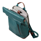 Lieblingstasche Wakayama rolltop backpack in dark teal with brown leather accents and patterned interior lining