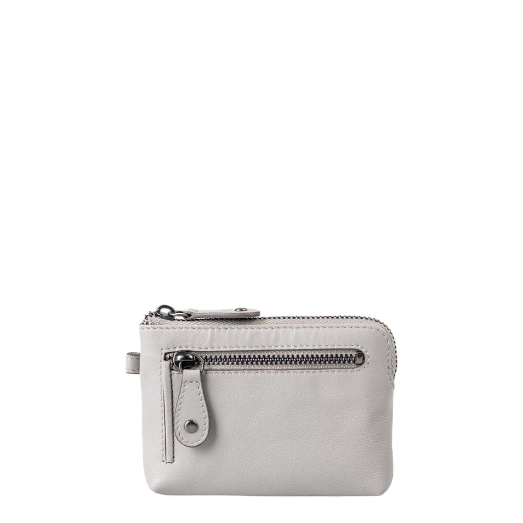 Lieblingstasche Physalis light grey leather coin purse with a front zippered pocket and silver hardware