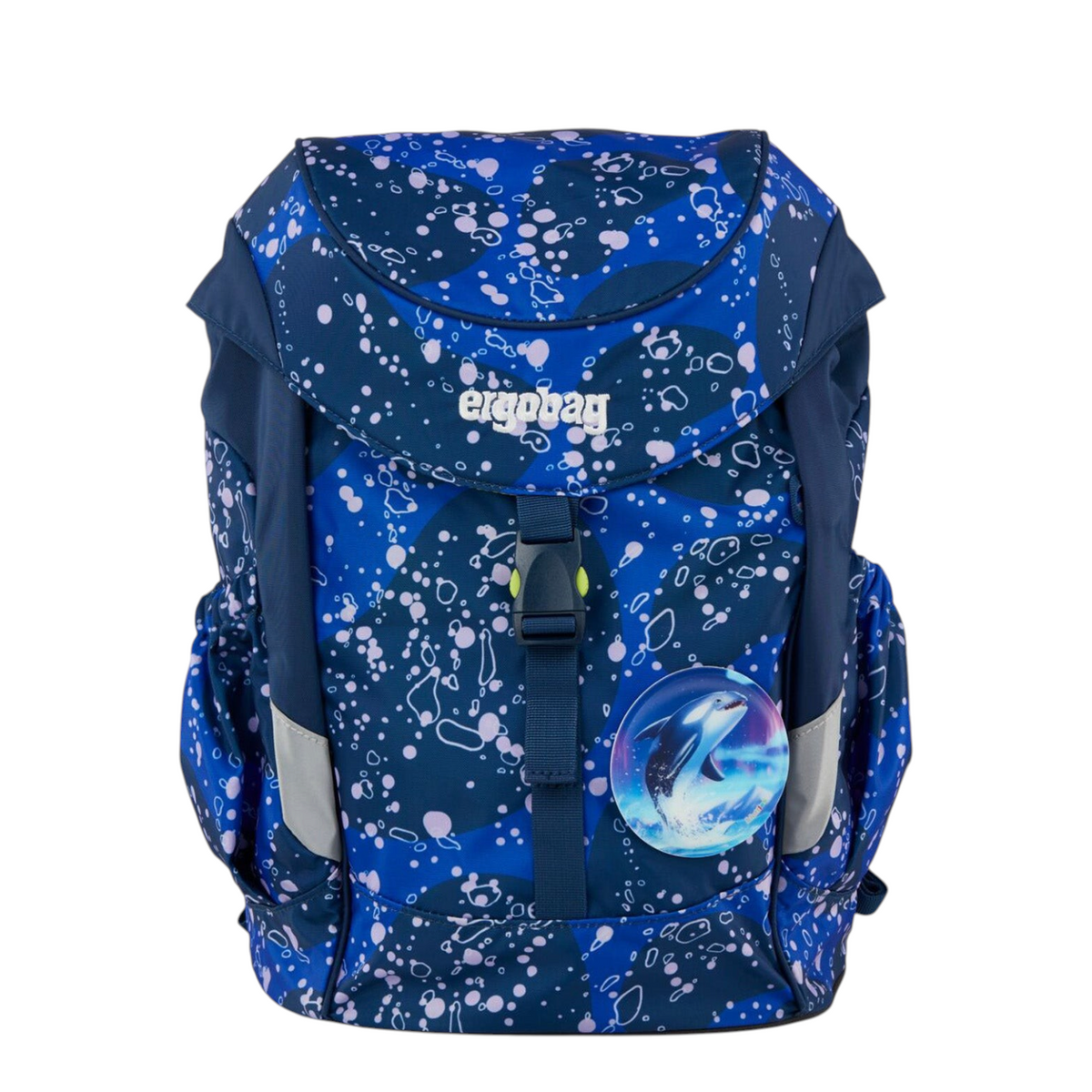 Lieblingstasche ergobag Mini children's backpack in blue with a playful bubble pattern and dolphin Kletties patch