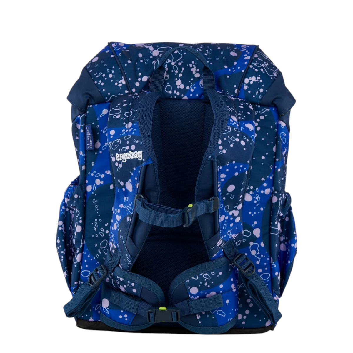 Lieblingstasche ergobag Mini children's backpack in blue with a patterned print, padded straps, and chest buckle.