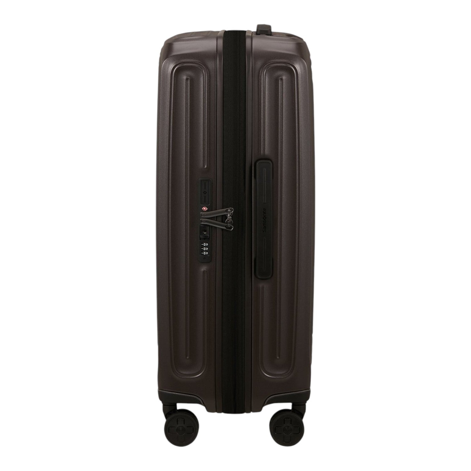 Lieblingstasche 2WANDER dark brown expandable spinner suitcase with TSA lock and four wheels, side view