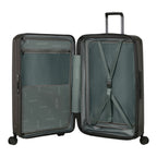 Lieblingstasche 2WANDER Spinner 75/28 Exp suitcase interior with grey lining, mesh dividers, and compression straps.