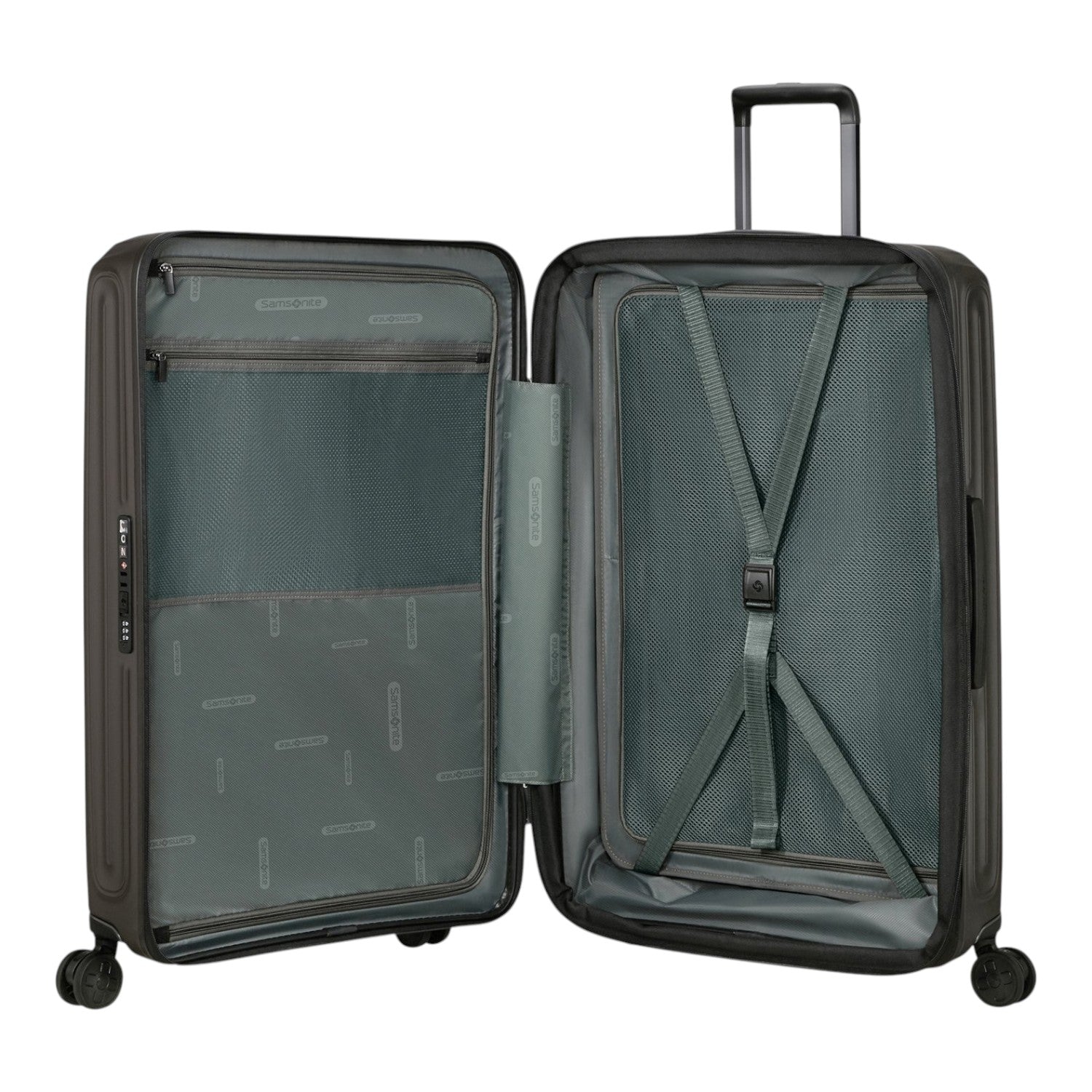 Lieblingstasche 2WANDER Spinner 75/28 Exp suitcase interior with grey lining, mesh dividers, and compression straps.