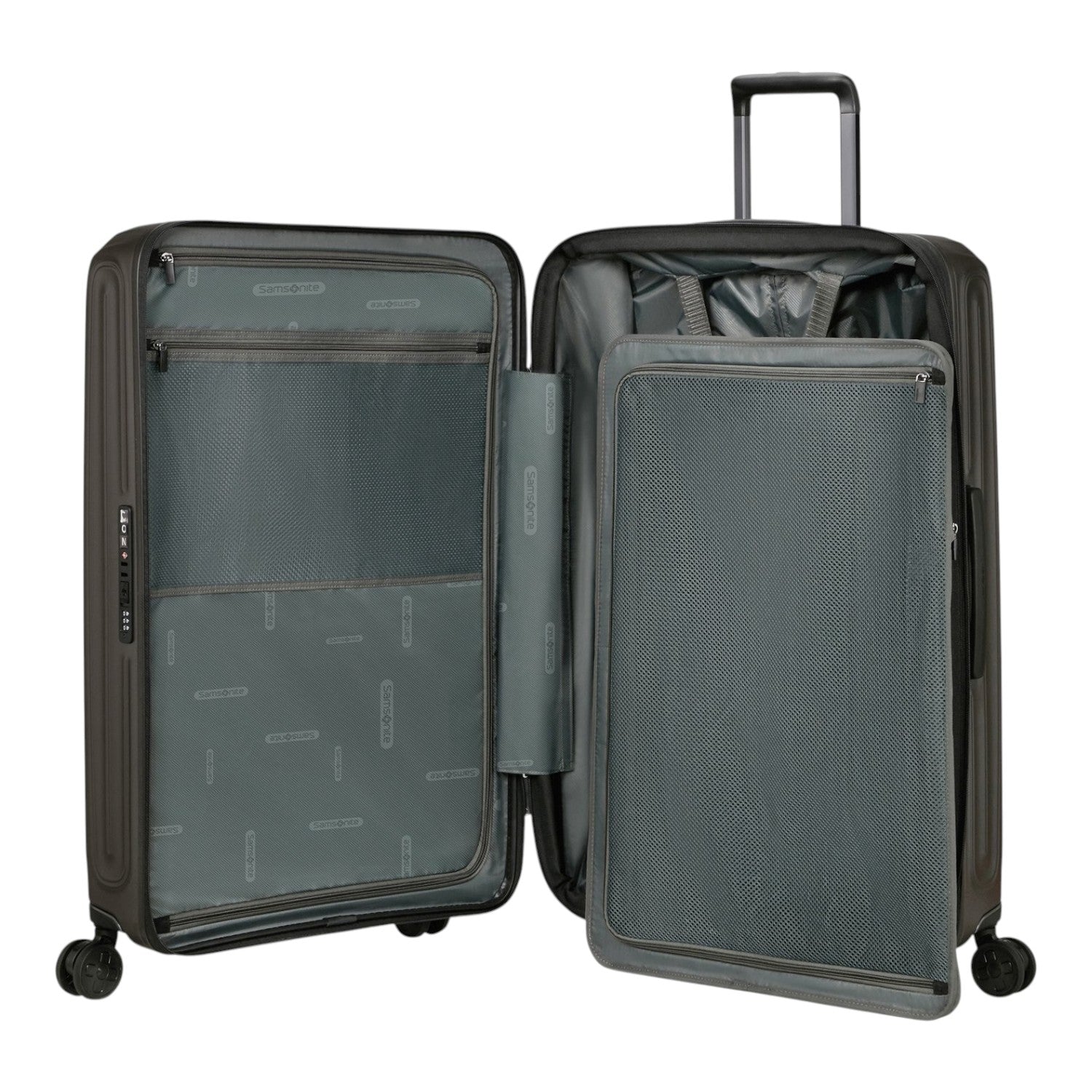 Lieblingstasche 2WANDER spinner suitcase interior with grey fabric lining, mesh pockets, and zippered compartments.