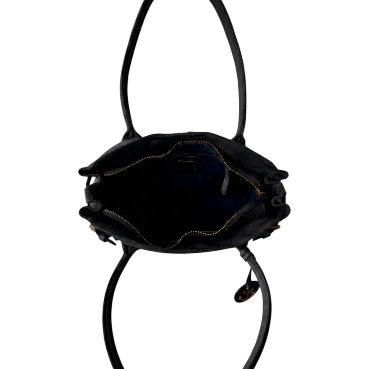 Lieblingstasche Adriella black leather handbag viewed from above with open zippered main compartment