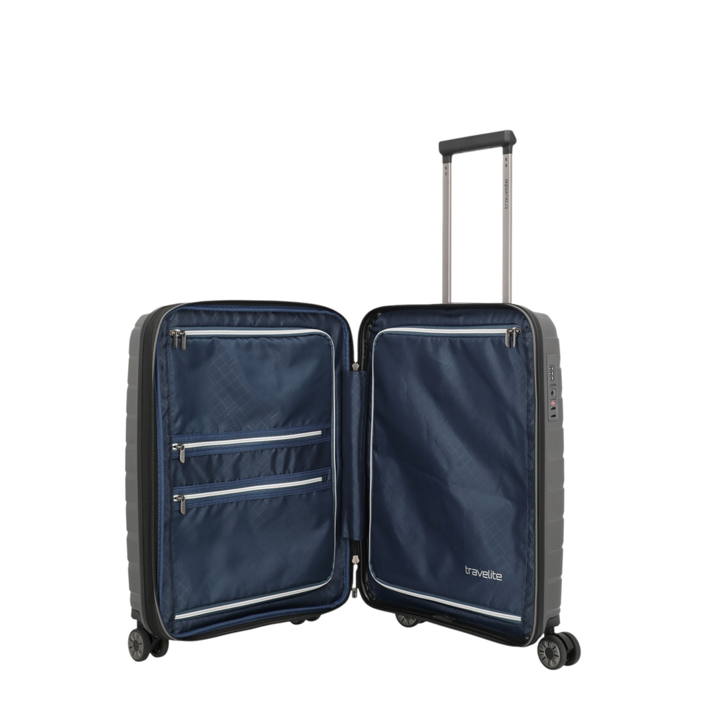 Lieblingstasche Air Base Trolley 4W S exp open showing navy blue interior lining with zippered compartments