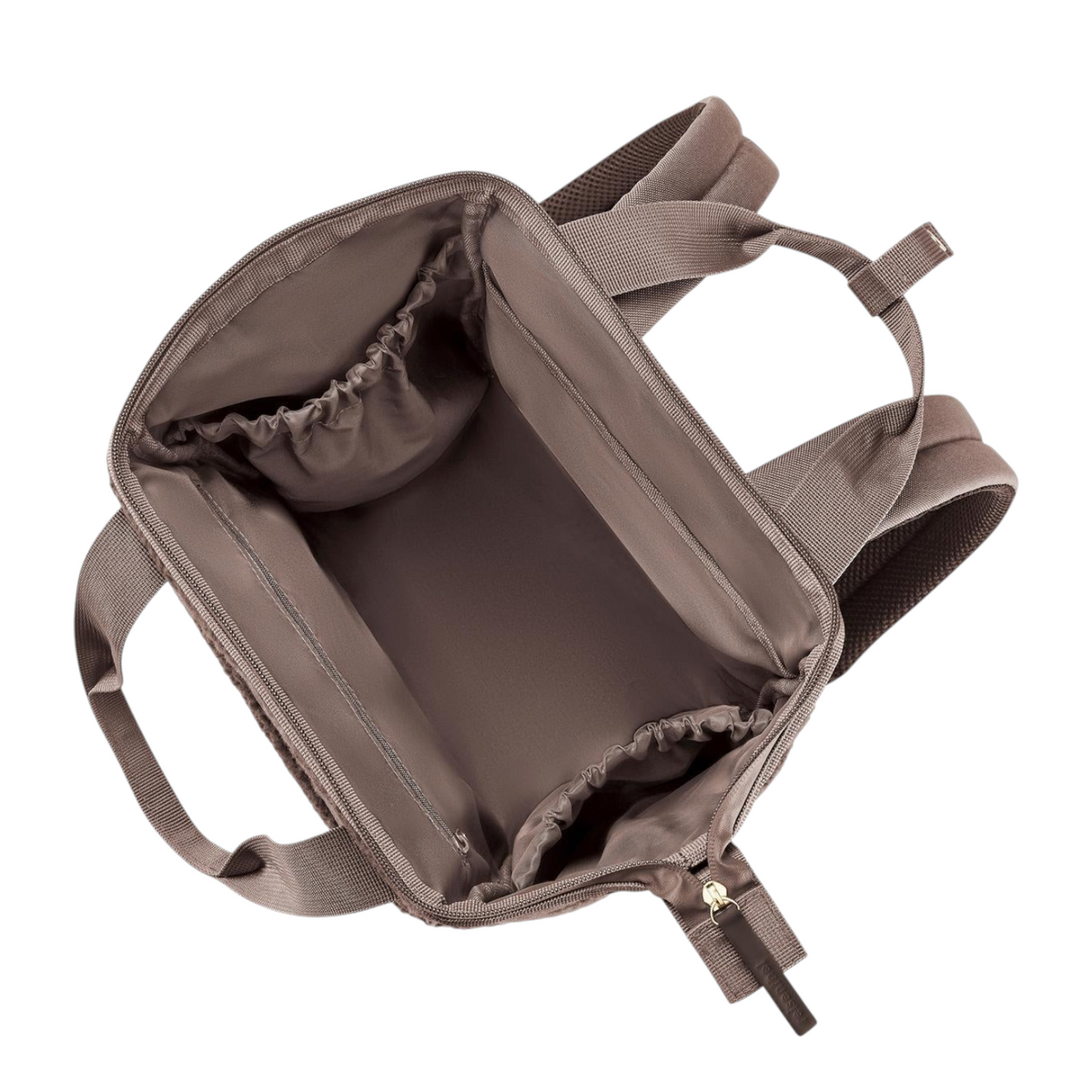 Lieblingstasche Allrounder R backpack in taupe showing the spacious open interior with elasticized side pockets