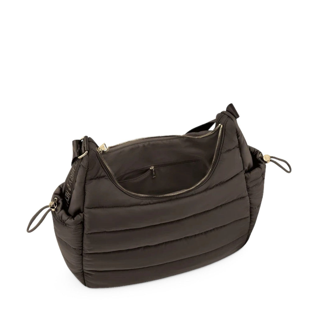 Lieblingstasche Alltime Buddy dark brown quilted nylon hobo bag with gold zipper and side drawstring details