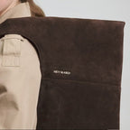 Lieblingstasche Alltime Lover ReSuede M dark brown suede shoulder bag worn by a woman in a beige trench coat