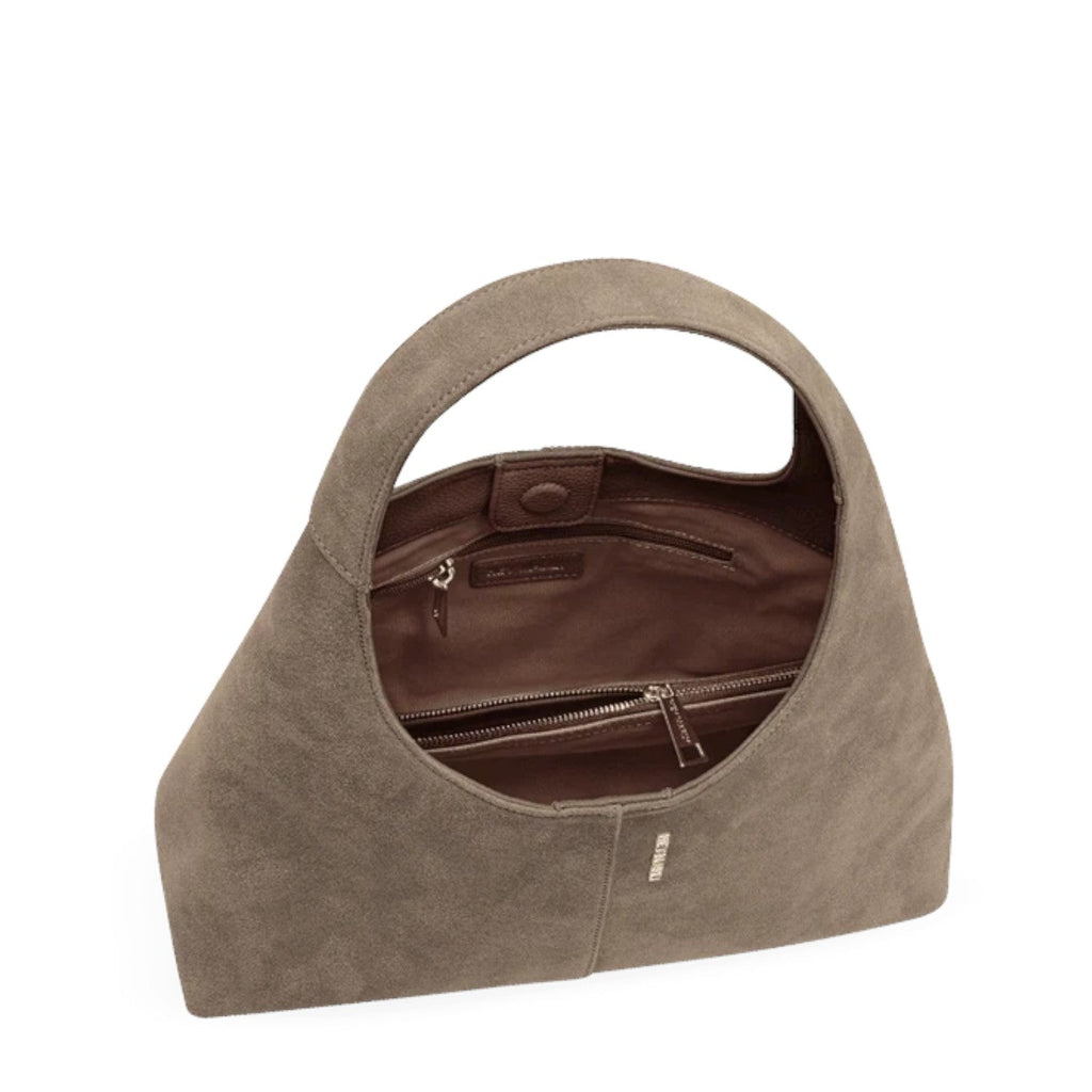 Lieblingstasche Alltime Lover ReSuede M taupe suede hobo bag with top handle and interior zipper pocket