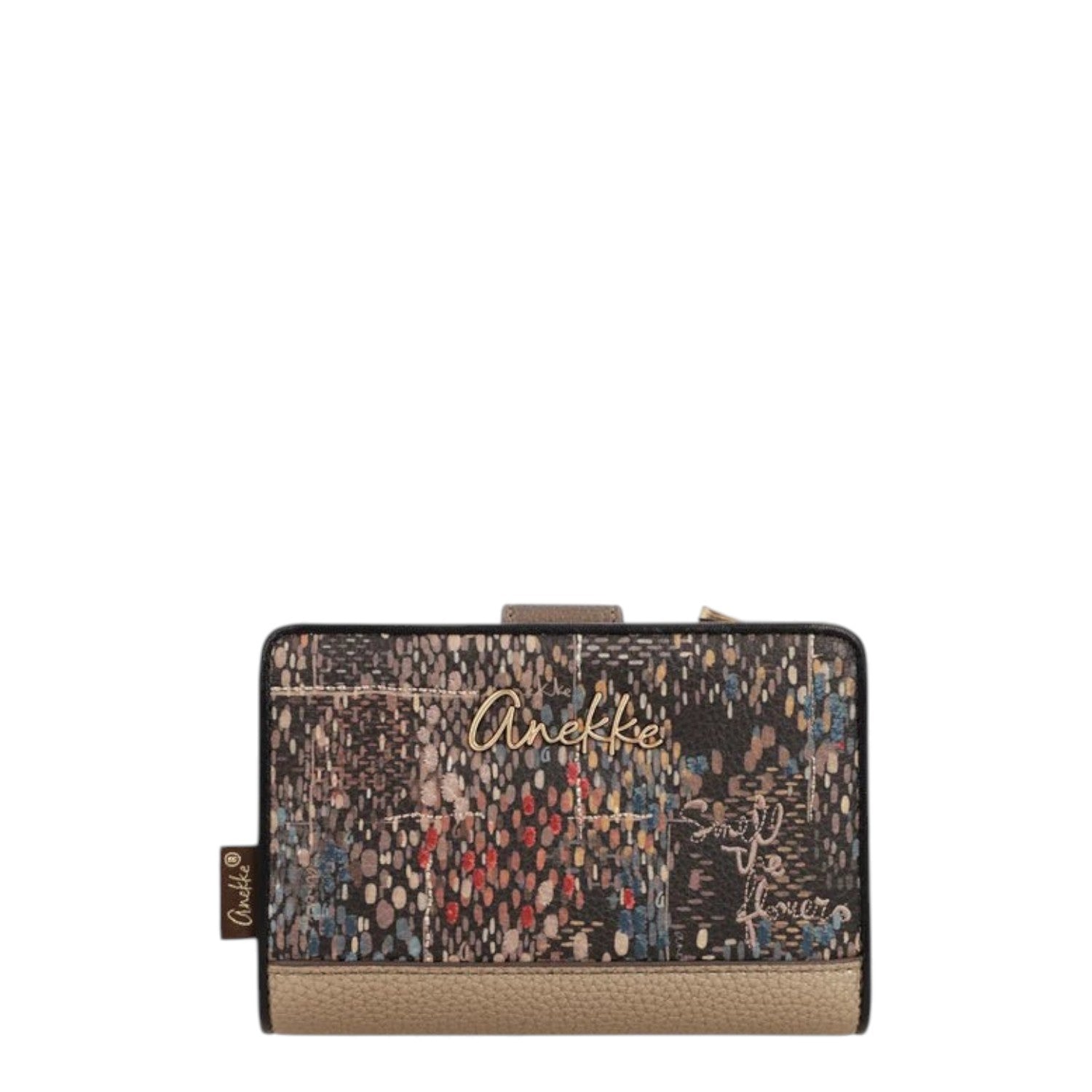 Lieblingstasche Anekke wallet featuring a multi-colored abstract print with gold logo and textured beige trim