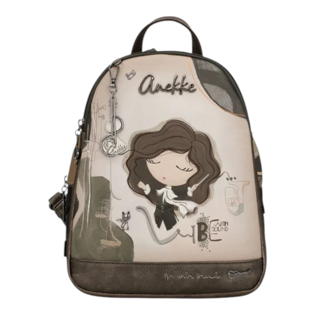 Lieblingstasche Anekke backpack in beige and brown with whimsical character illustration and musical motifs
