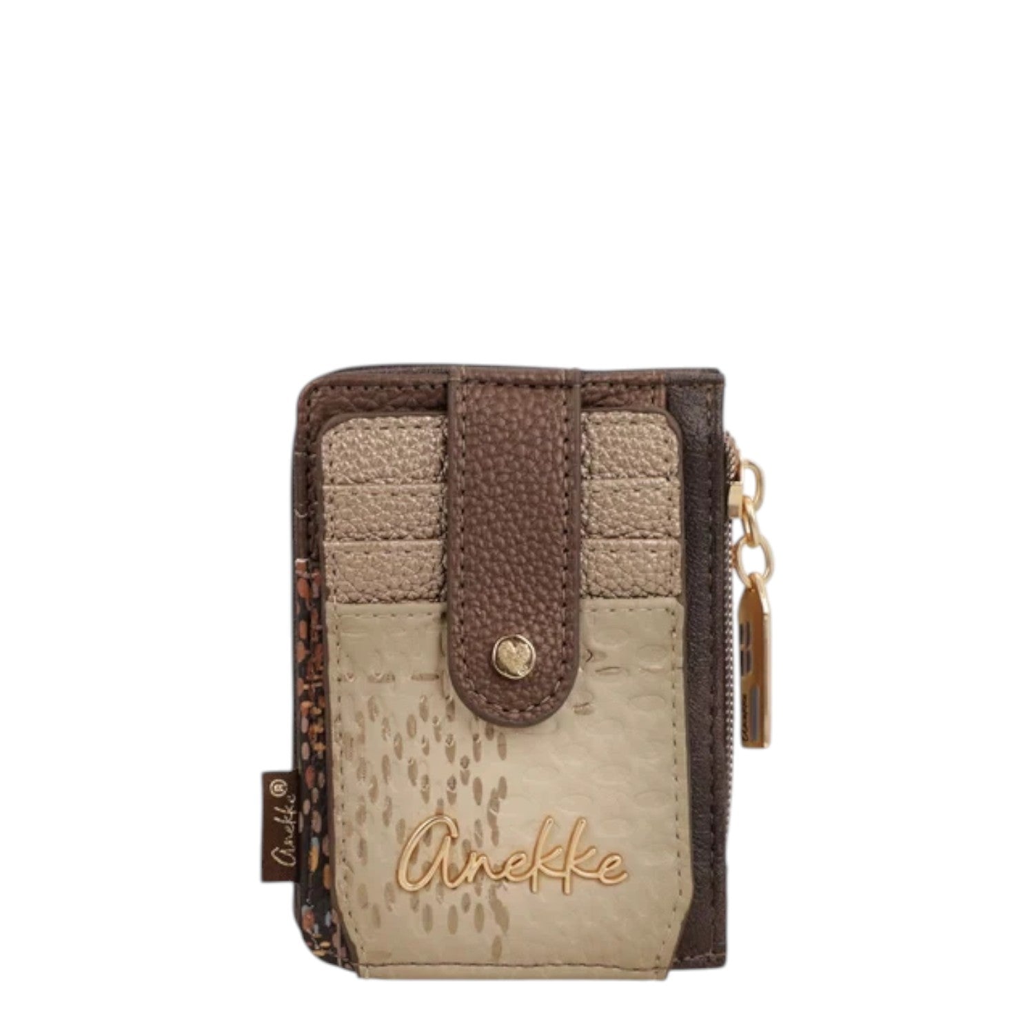 Lieblingstasche Anekke card holder in brown and beige tones with textured faux leather and gold metal logo detail