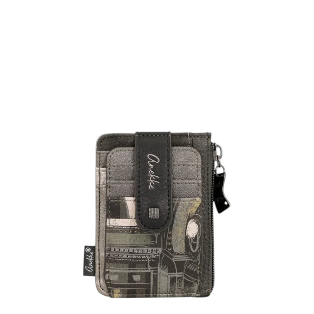 Lieblingstasche Anekke card holder in grey with artistic graphic print, zip closure, and branded strap detail.