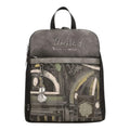 Lieblingstasche Anekke backpack in grey with artistic architectural print, metallic logo, and decorative charm