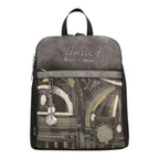 Lieblingstasche Anekke backpack in grey with artistic architectural print, metallic logo, and decorative charm