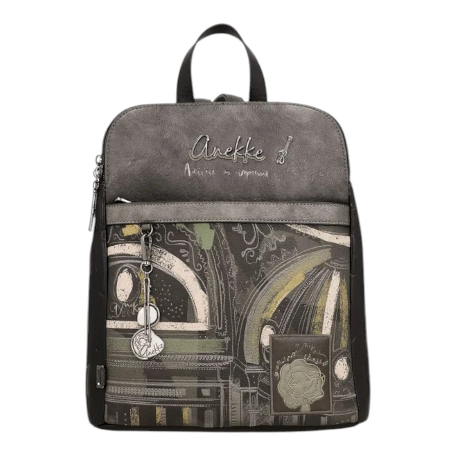 Lieblingstasche Anekke backpack in grey with artistic architectural print, metallic logo, and decorative charm