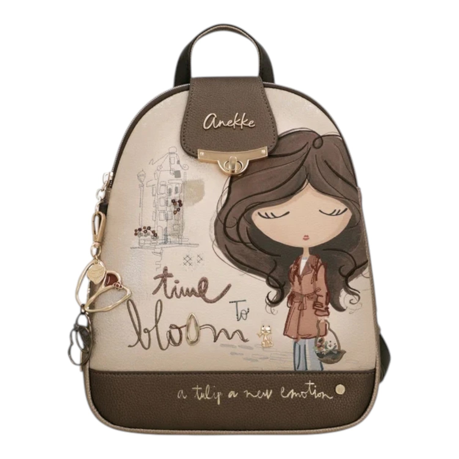 Lieblingstasche Anekke backpack featuring a whimsical illustration of a girl, floral motifs, and gold-tone hardware.