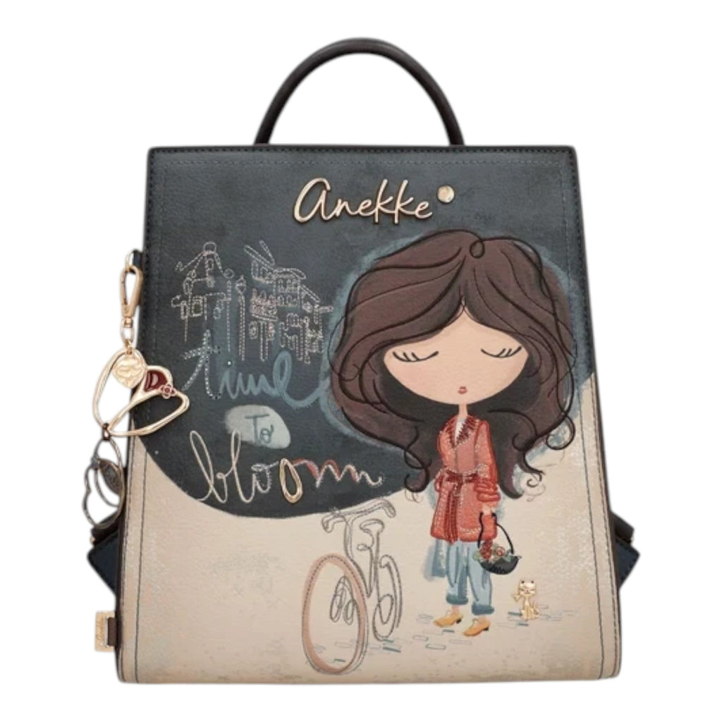 Lieblingstasche Anekke backpack featuring a whimsical illustration of a girl with a bicycle and Time to Bloom text