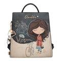 Lieblingstasche Anekke backpack featuring a whimsical illustration of a girl with a bicycle and Time to Bloom text
