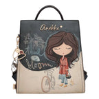 Lieblingstasche Anekke backpack featuring a whimsical illustration of a girl with a bicycle and Time to Bloom text