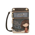 Lieblingstasche Anekke mini cross-body bag in grey and beige with illustrated girl and embroidered details