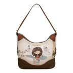 Lieblingstasche shoulder bag featuring Anekke illustration, cream and brown faux leather with decorative charm