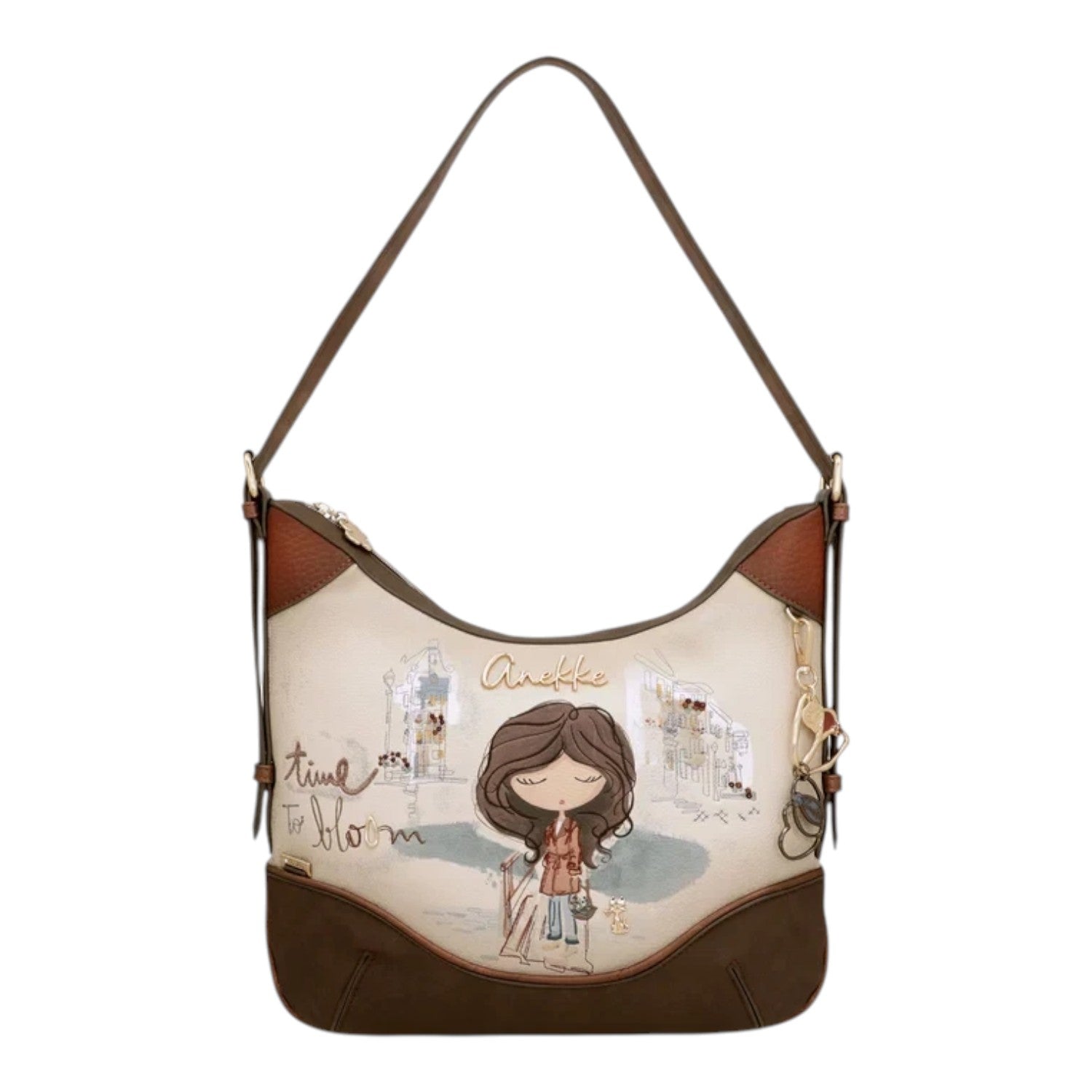 Lieblingstasche shoulder bag featuring Anekke illustration, cream and brown faux leather with decorative charm