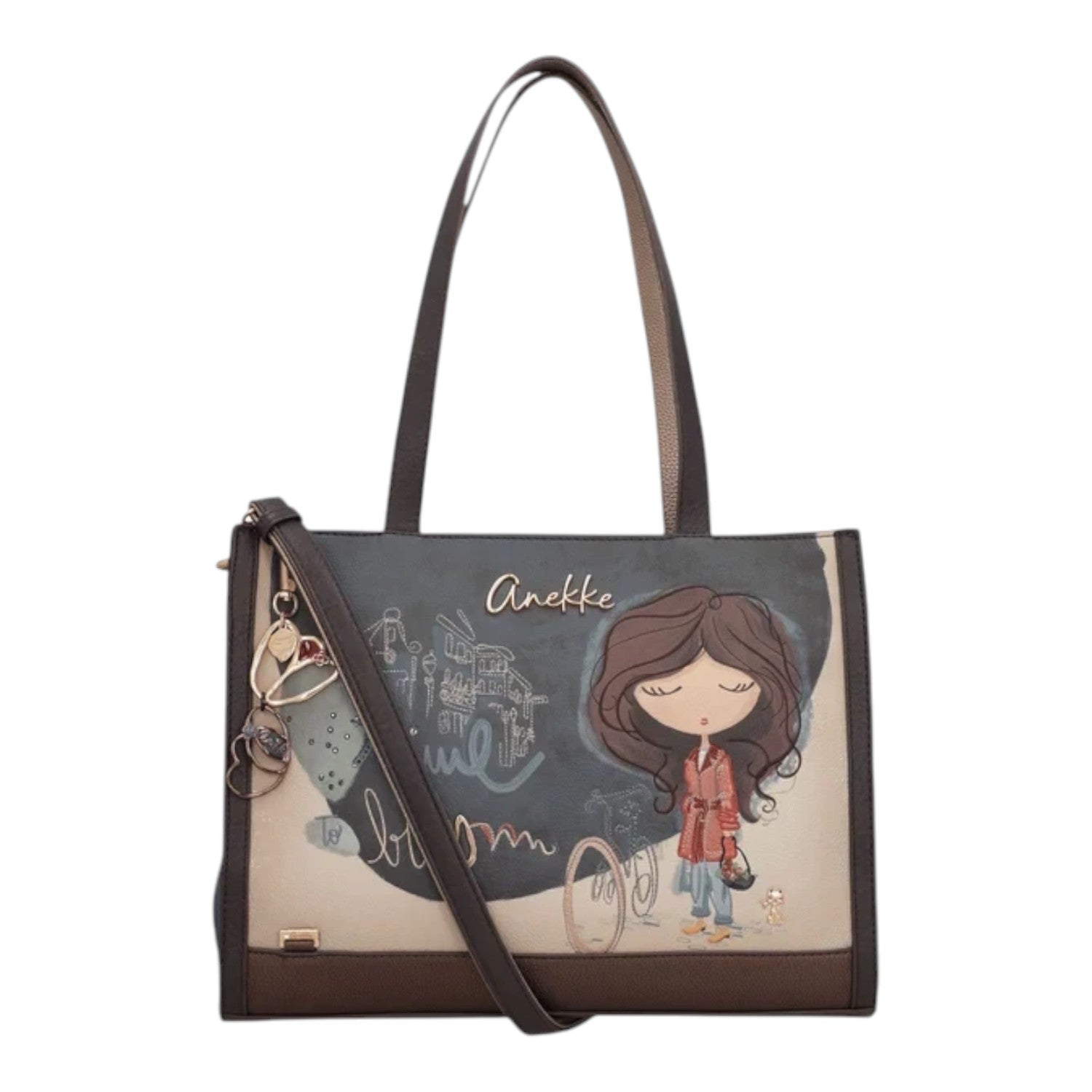 Lieblingstasche shoulder bag featuring Anekke illustration, brown leather-look material, and decorative charms.