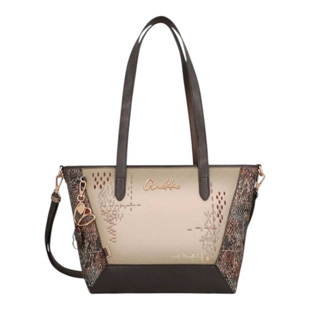 Lieblingstasche Anekke shoulder bag in beige and brown with decorative stitching and gold-tone metal heart charm