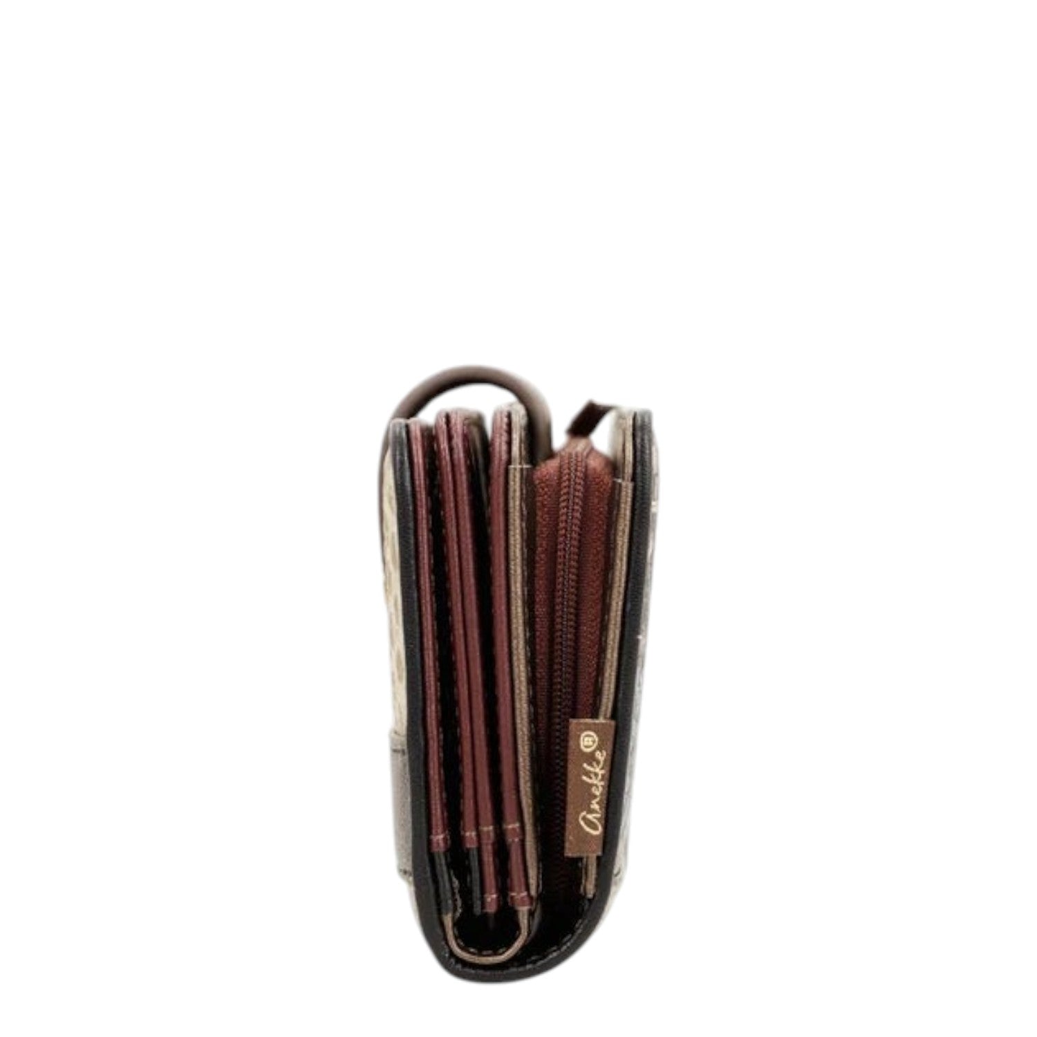 Lieblingstasche Anekke wallet shown from the side, featuring multiple card slots and a brown zippered coin pocket.