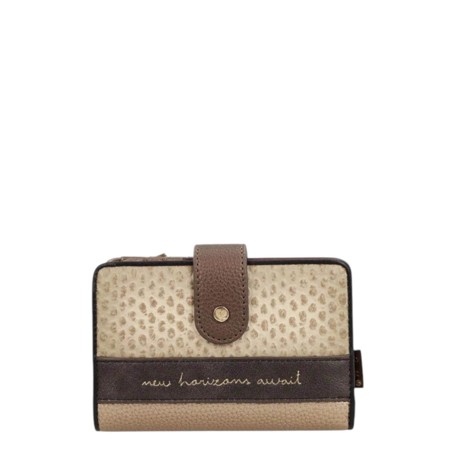 Lieblingstasche wallet featuring a beige animal print, brown leather accents, and the text new horizons await