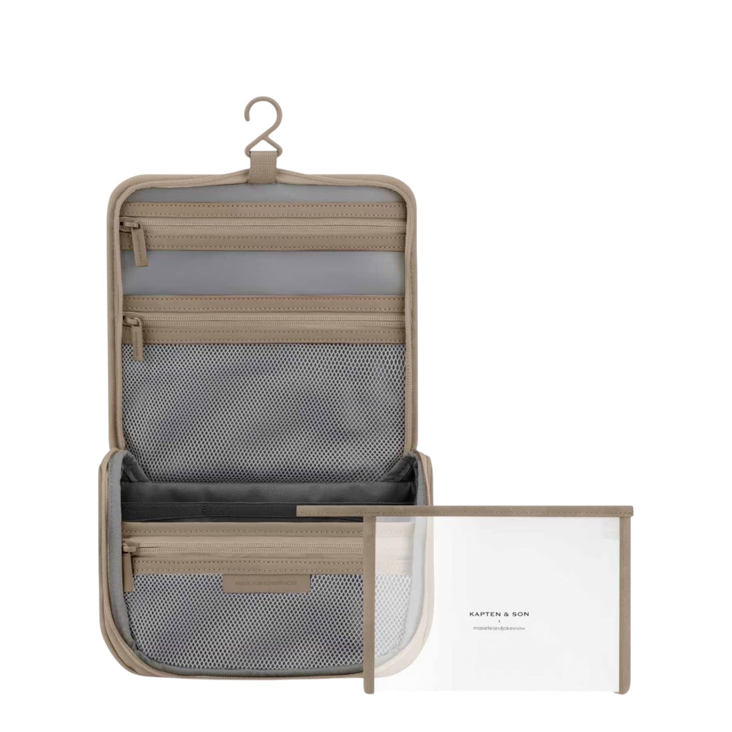 Lieblingstasche Bali washbag in beige with multiple mesh compartments, hanging hook, and a detachable clear pouch.