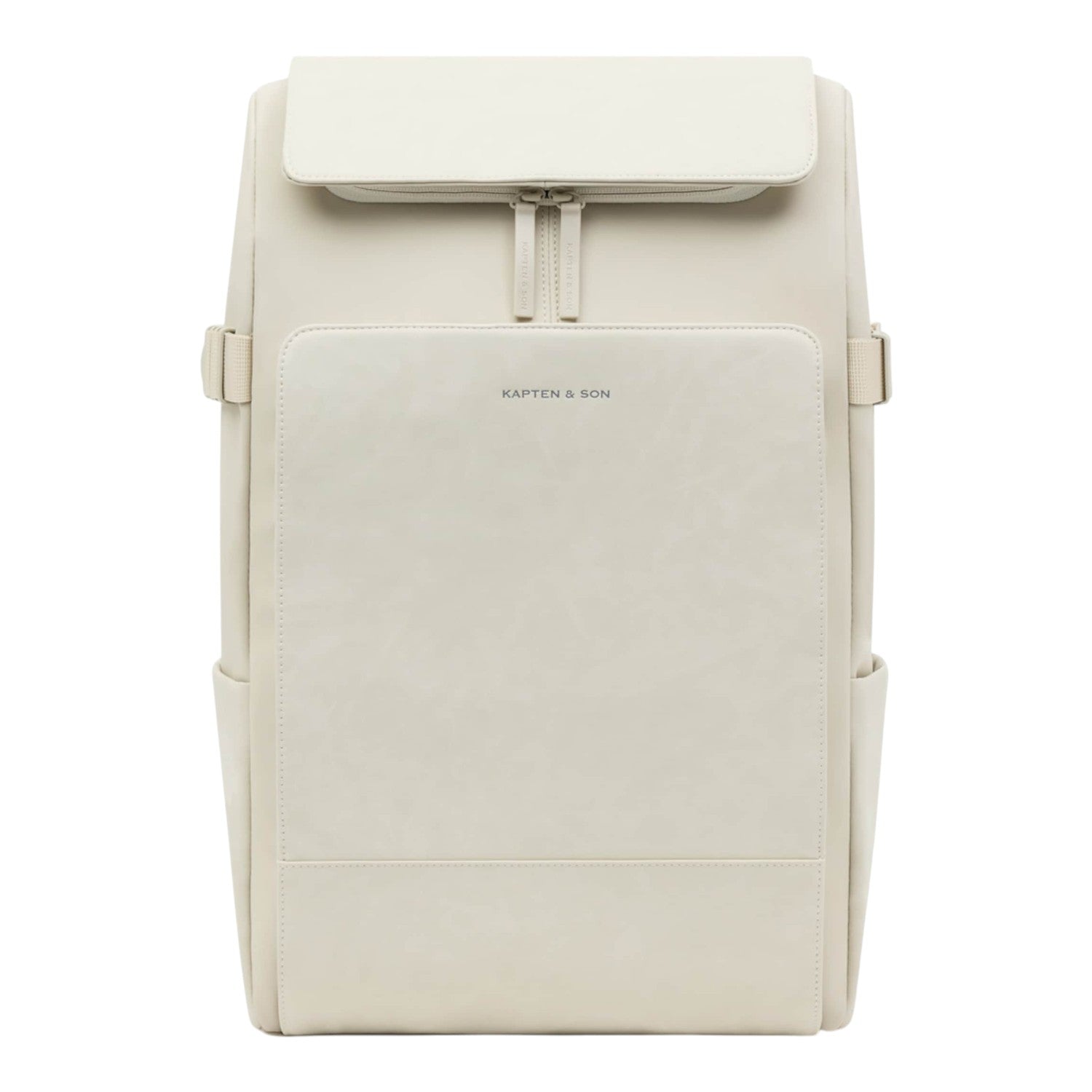Lieblingstasche Bali Pro cream vegan leather backpack with front zip pocket and side pockets.