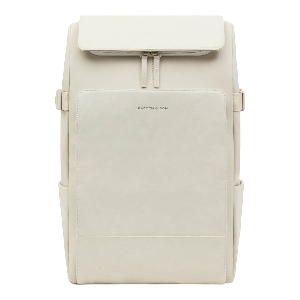 Lieblingstasche Bali Pro cream vegan leather backpack with front zip pocket and side pockets.