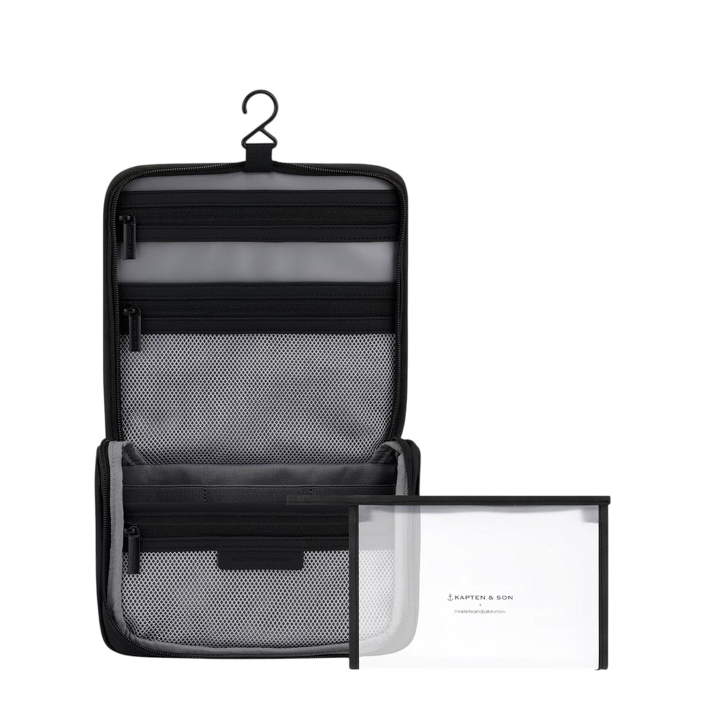 Lieblingstasche Bali Washbag in black featuring a hanging hook, multiple mesh compartments, and a clear pouch.