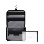 Lieblingstasche Bali Washbag in black featuring a hanging hook, multiple mesh compartments, and a clear pouch.