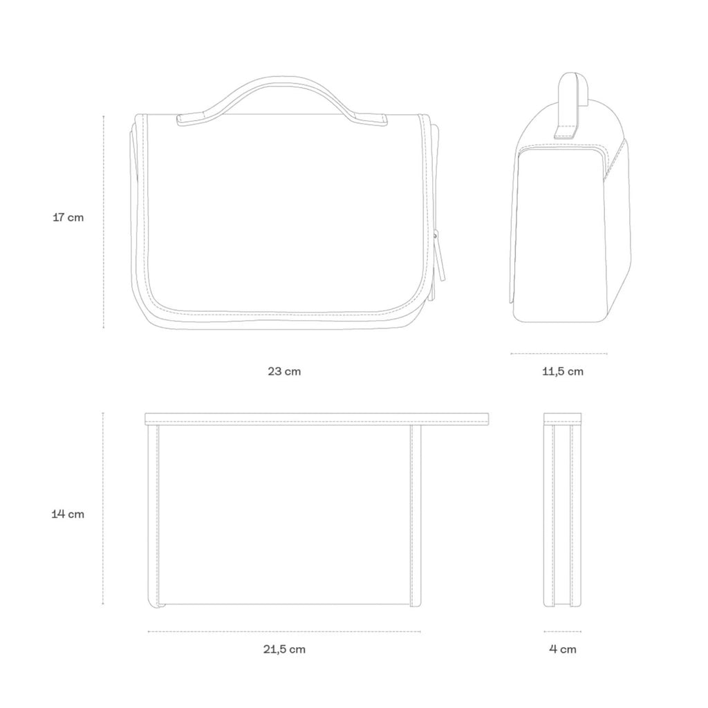 Lieblingstasche Bali Washbag technical line drawing showing dimensions and side profiles of the toiletry bag.