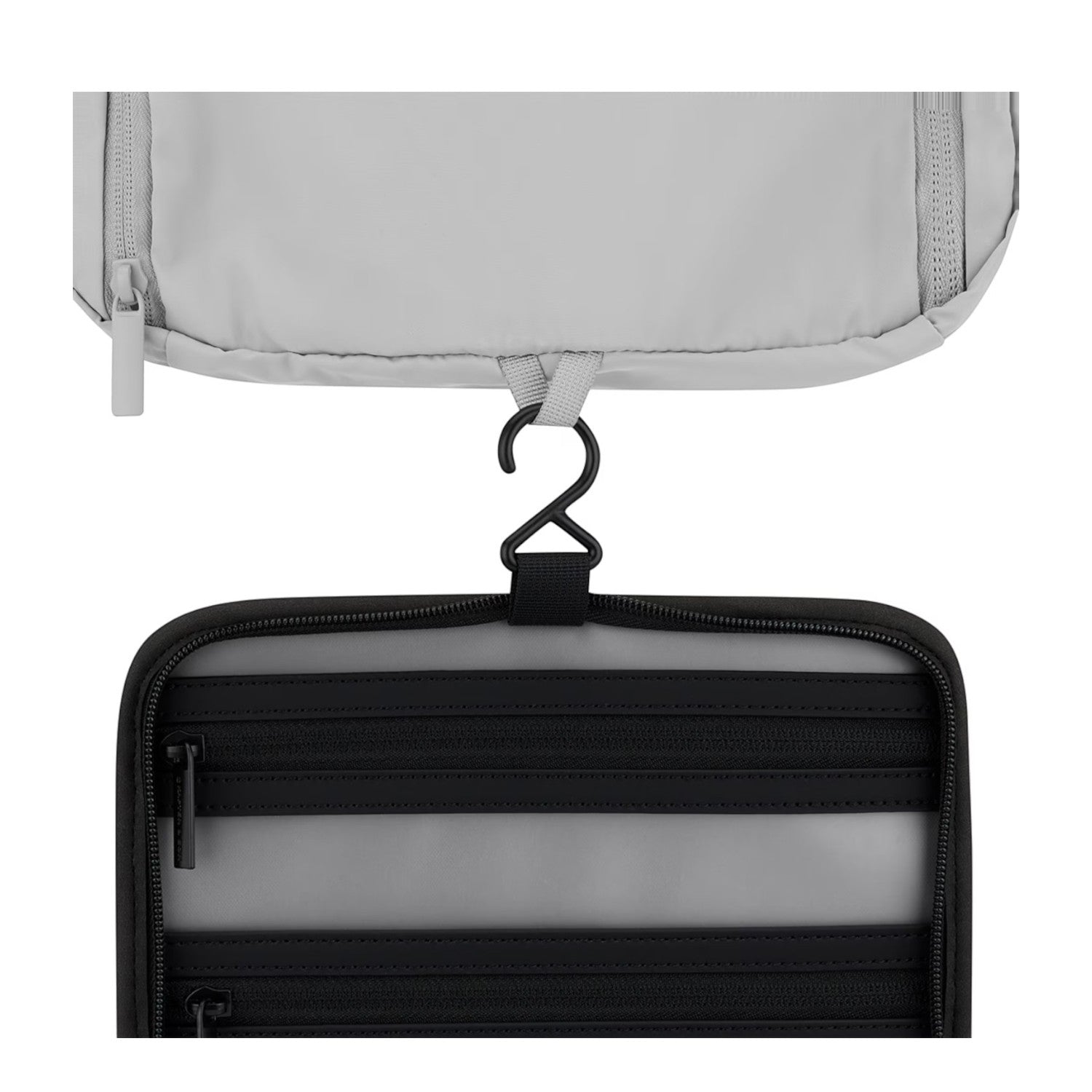 Lieblingstasche Bali washbag featuring a hanging hook, black zippered compartments, and a light grey exterior.