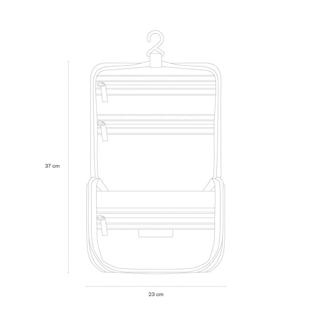 Lieblingstasche Bali washbag technical line drawing showing dimensions, hanging hook, and multiple zippered pockets.