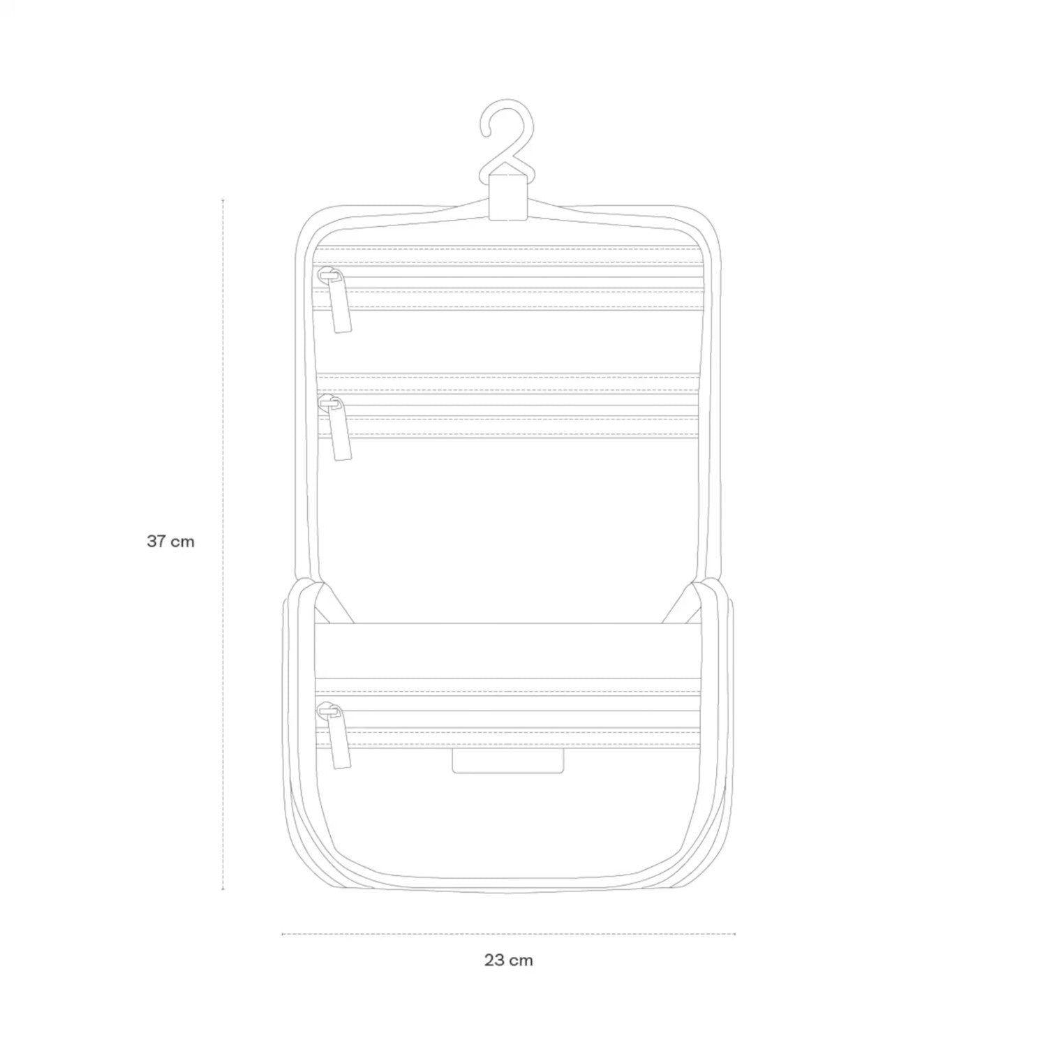 Lieblingstasche Bali washbag technical line drawing showing dimensions, hanging hook, and multiple zippered pockets.