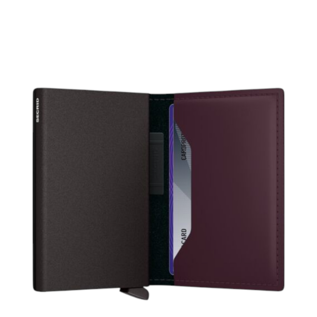 Lieblingstasche Bandwallet Matte card holder in dark brown and plum with a sleek metal card protector mechanism