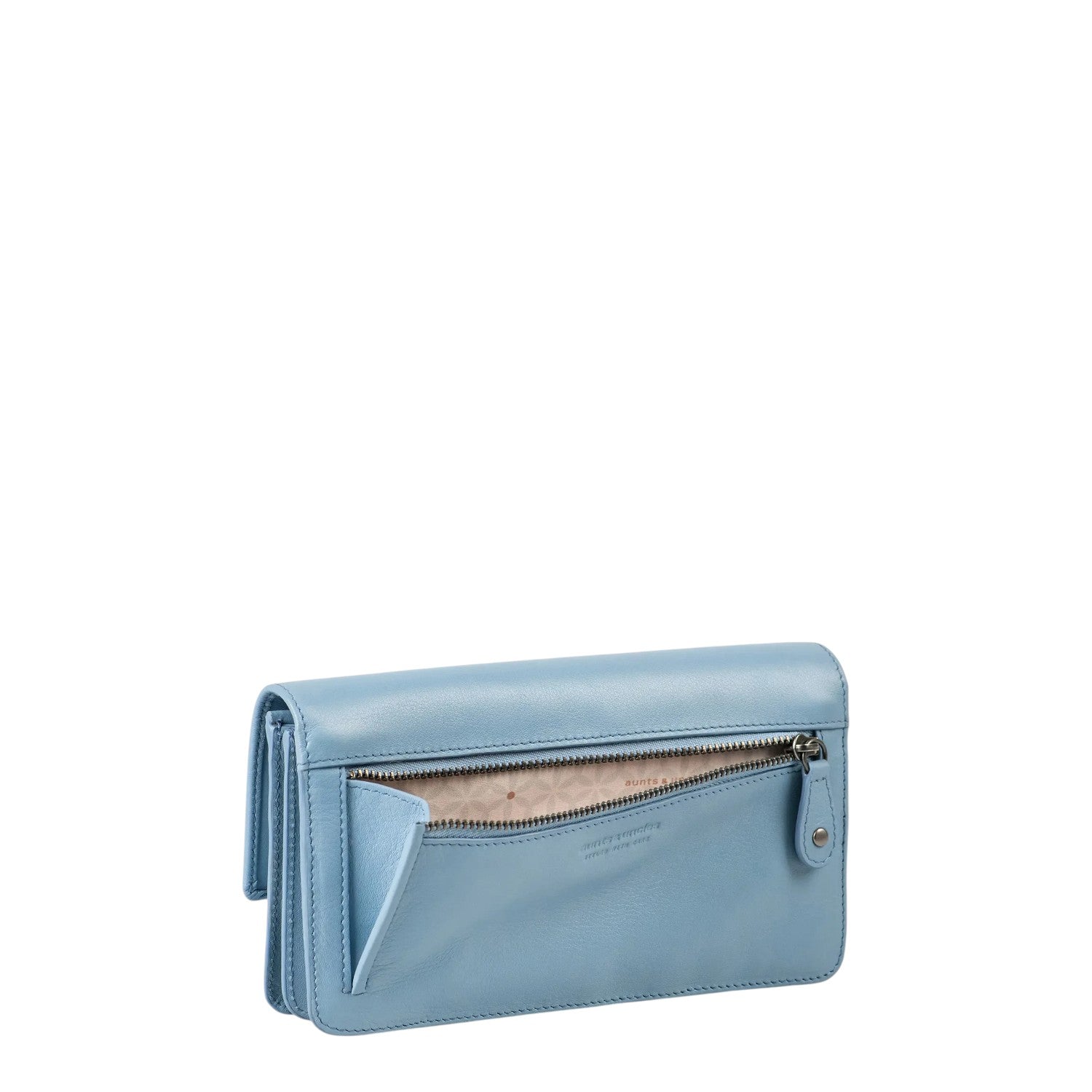 Lieblingstasche Bay light blue leather wallet with an open zippered exterior pocket and patterned interior lining