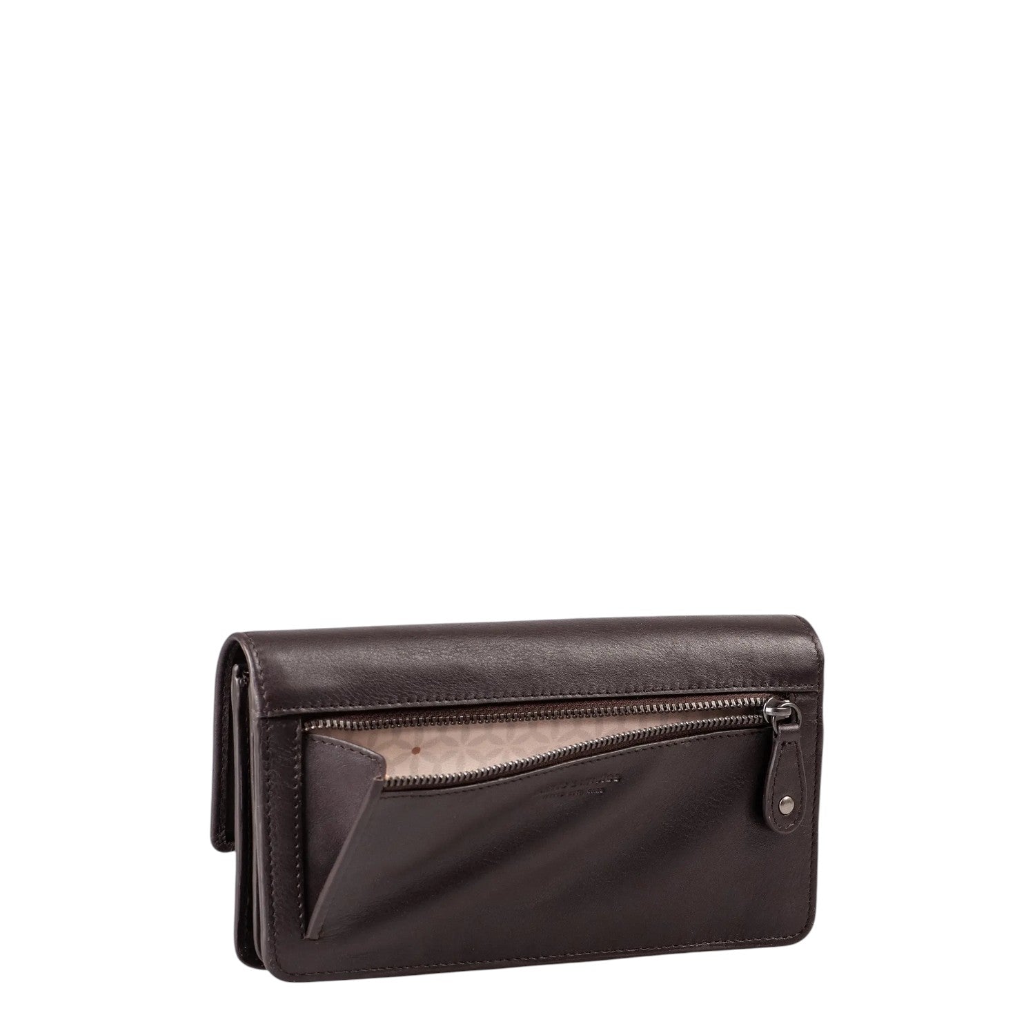 Lieblingstasche Bay dark brown leather wallet with an open exterior zippered pocket and patterned interior lining