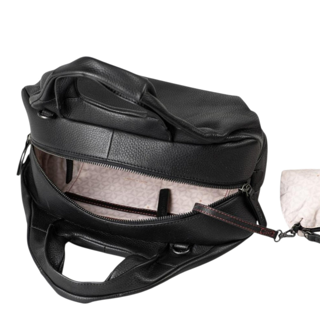 Lieblingstasche Beauty black leather handbag with open top, dual handles, and patterned interior lining