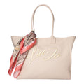 Lieblingstasche beige canvas Tote L handbag with embroidered logo and decorative patterned silk scarf