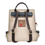 Lieblingstasche backpack in beige with dark brown straps, cat patch, and gold hardware, back view