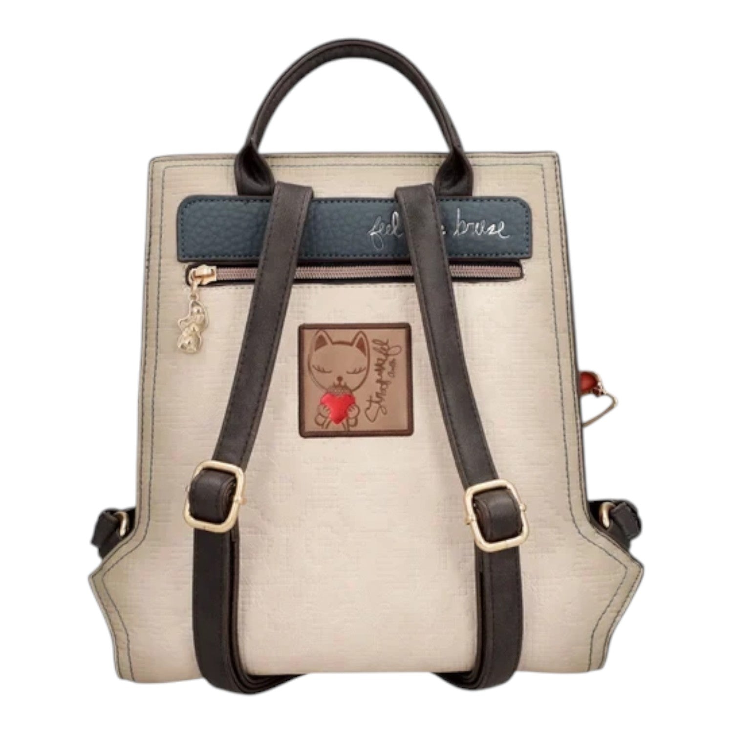 Lieblingstasche backpack in beige with dark brown straps, cat patch, and gold hardware, back view